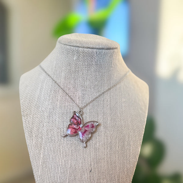 Butterfly Pendant - Dried Flowers & Petals with Mother of Pearl 