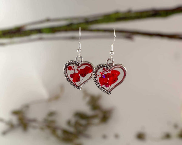 Heart Shaped Rose Red Floral Earring Set - Handmade with Dried Flowersped Rose Red Floral Earring Set - Handmade with Dried Flowers