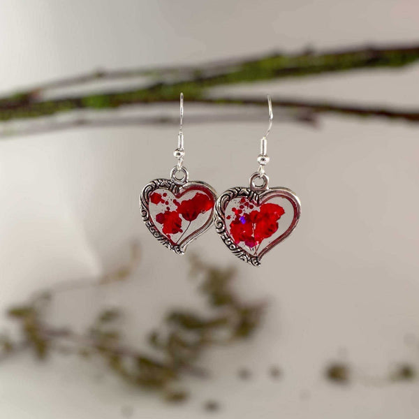 Heart Shaped Rose Red Floral Earring Set Handmade with Dried