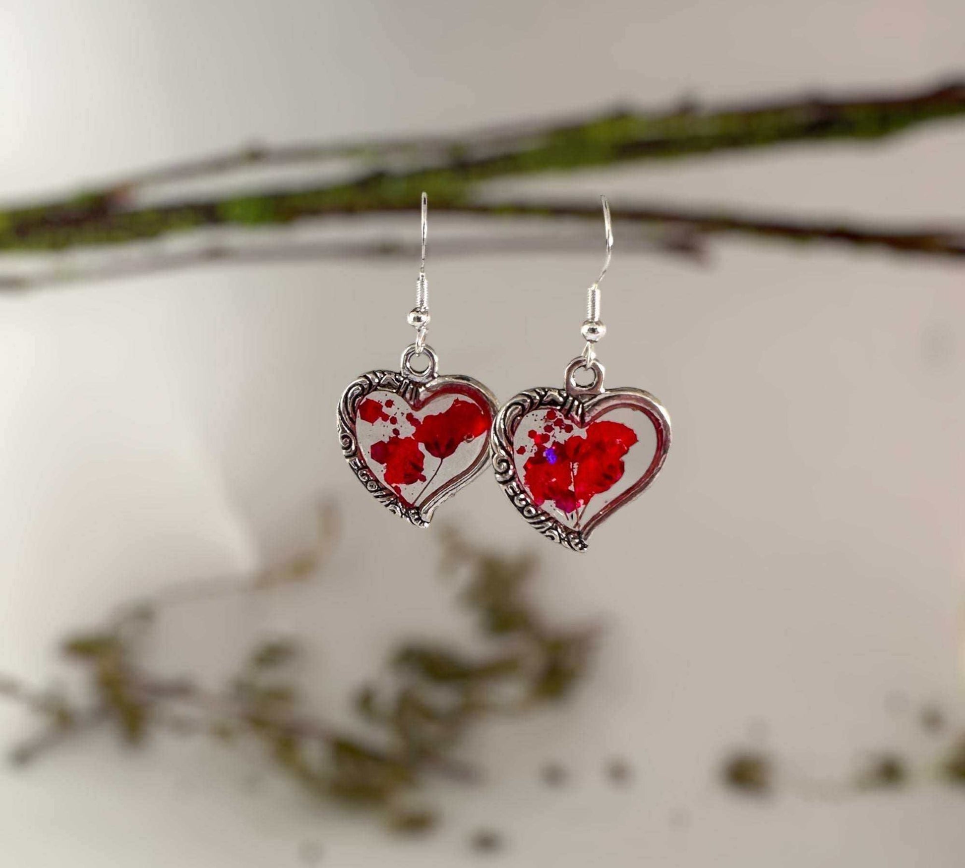 Heart Shaped Rose Red Floral Earring Set - Handmade with Dried Flowersped Rose Red Floral Earring Set - Handmade with Dried Flowers