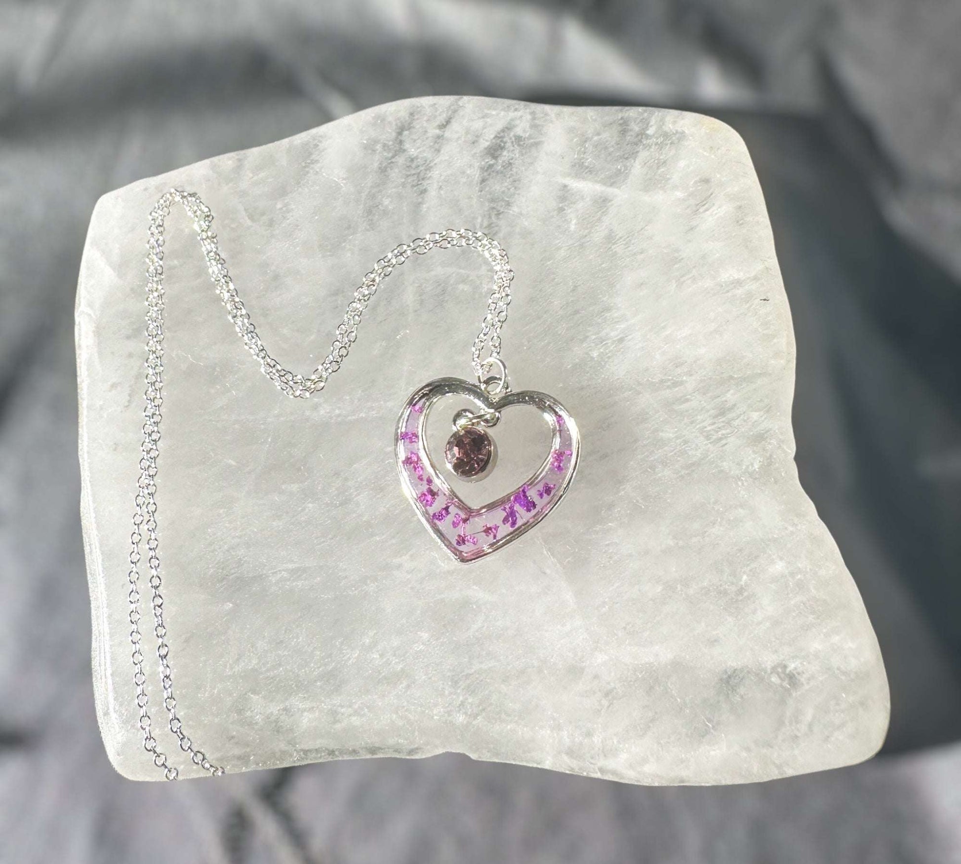 Purple Heart Pendant - Silver Heart with Pressed Purple Flower Petals