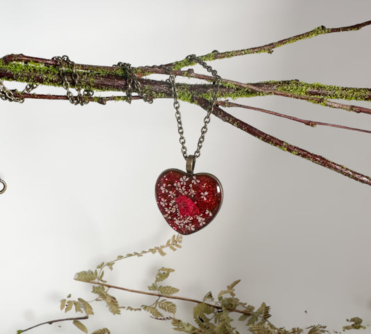 Red Heart Pendant - Antique Bronze Heart Necklace with Pressed Flowers