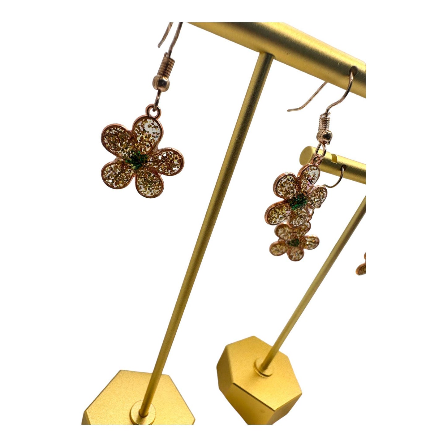 Earring Handmade Resin Flower Earring Set- Gold & Green Petals