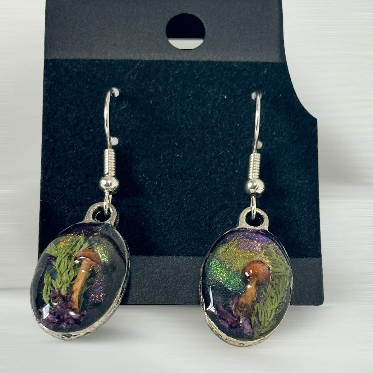 Mushroom Forest: Whimsical Drop Earring Set with Dried Botanicals