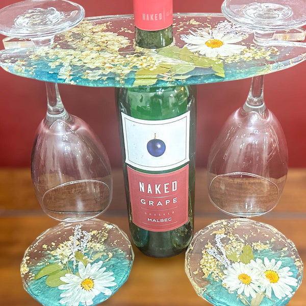 Wine Glass Caddy with 2 Coasters Resin Butler Coaster Set
