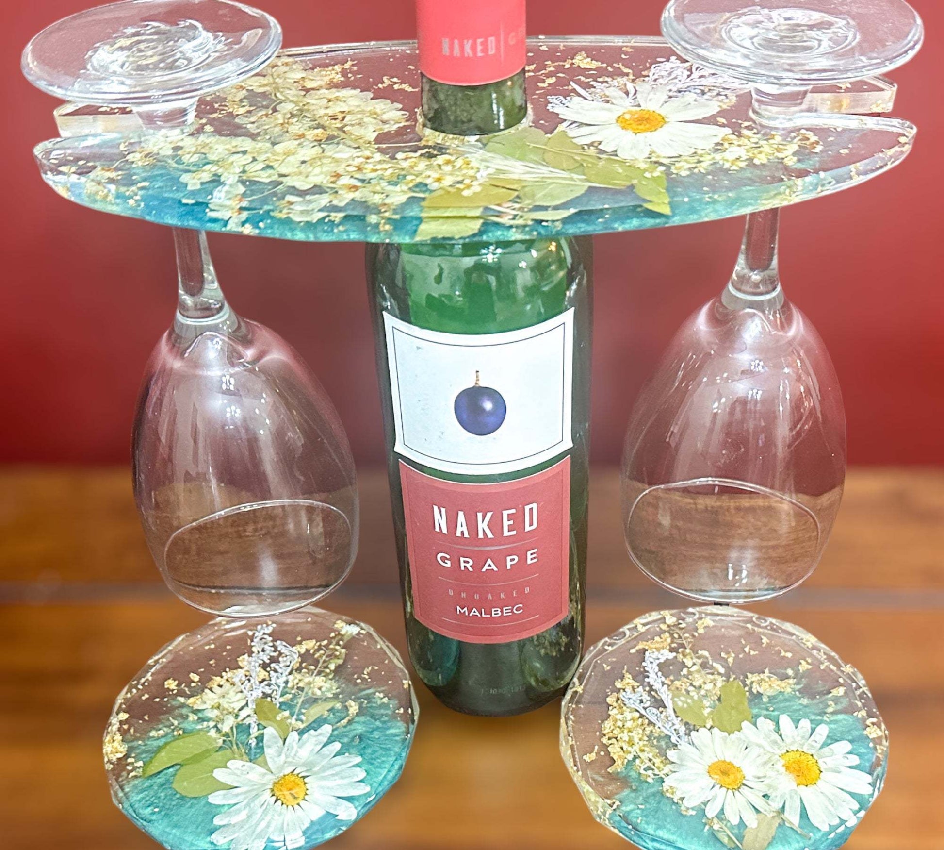 Wine Glass Caddy with 2 Coasters Resin Butler Coaster Set