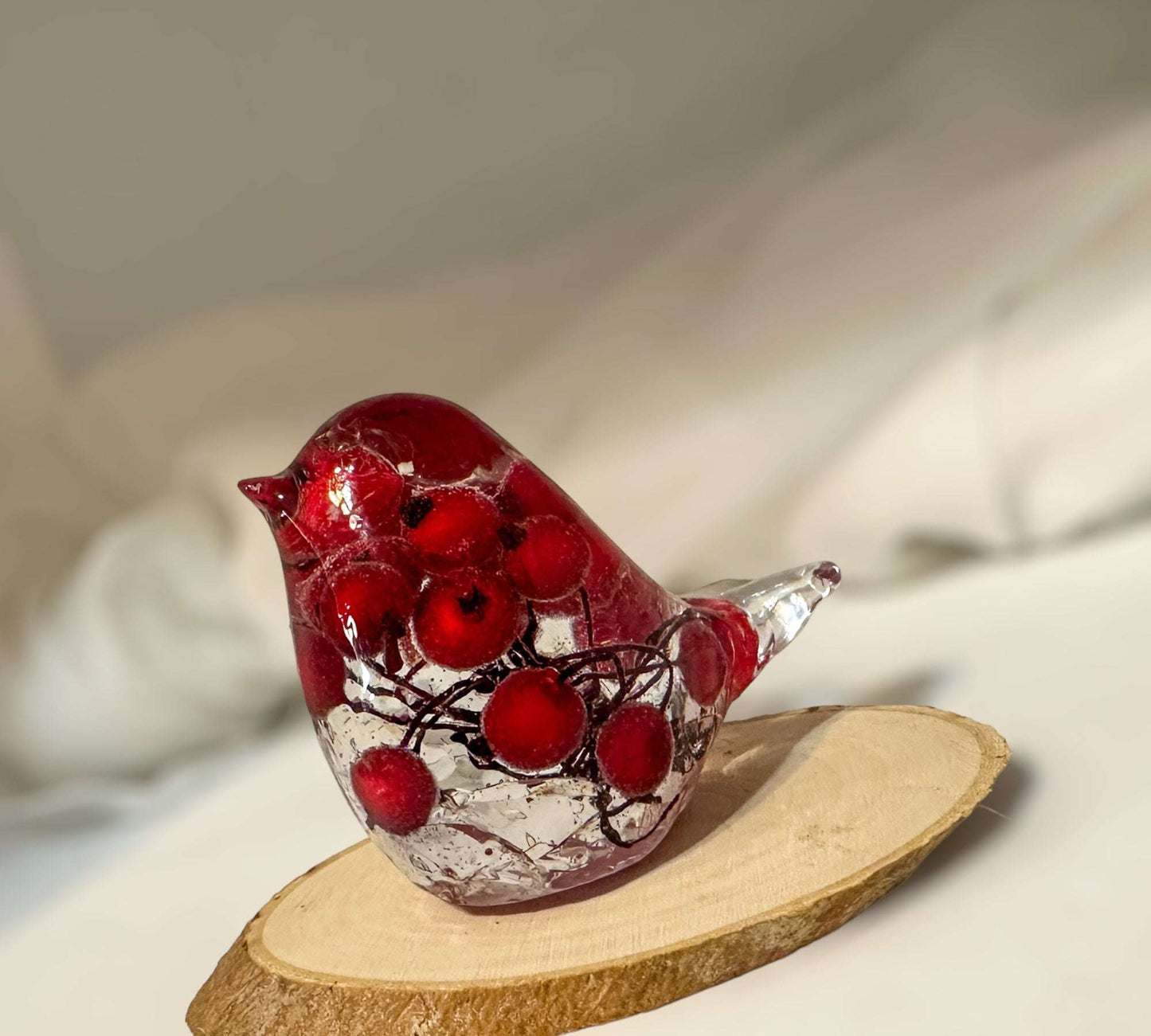 Scarlet Songbird: Resin Bird Filled with Red Berries - Whimsical Decor