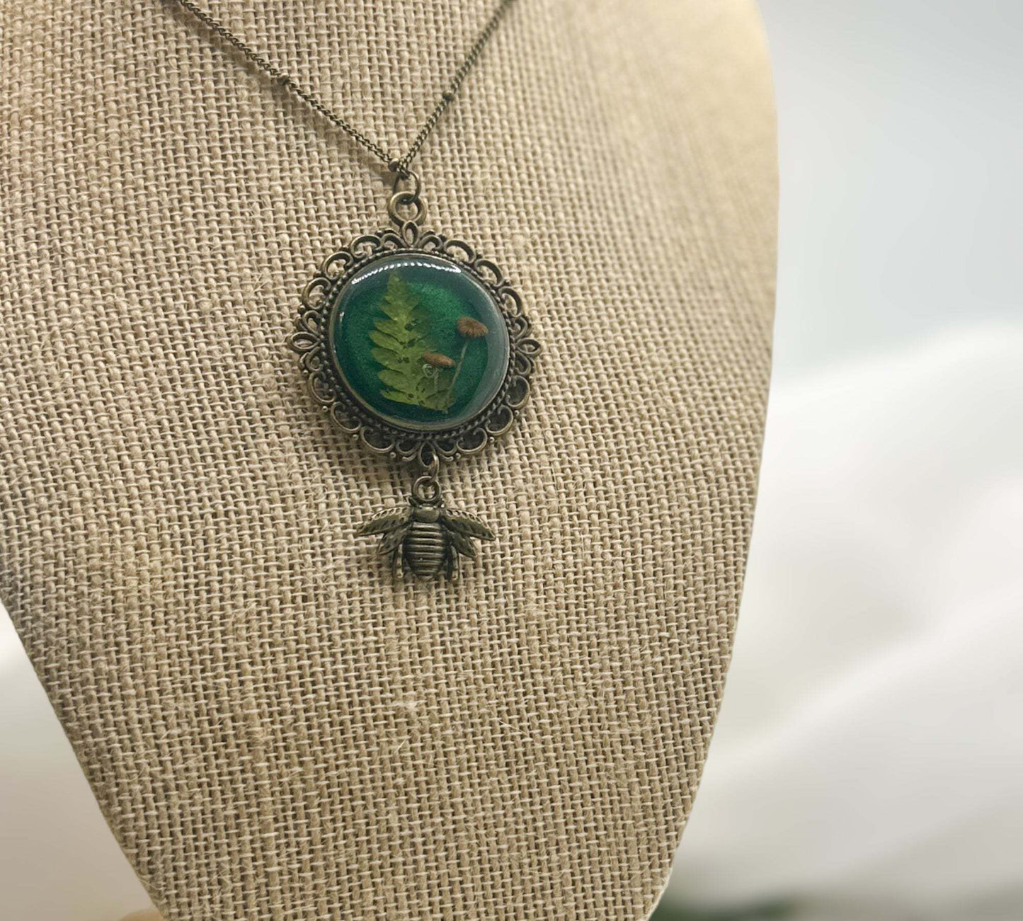Mushroom Pendant - Magical Green Forest with Copper Bee