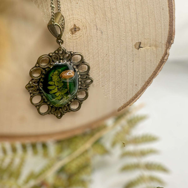 Mushroom Pendant - Magical Green Forest Antique Copper Frame