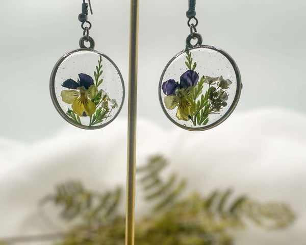 Pansy Earrings: Nature Inspired - Real Fern and Delicate Flowers 