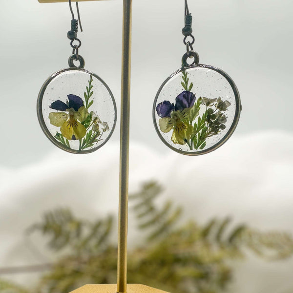Pansy Earrings: Nature Inspired - Real Fern and Delicate Flowers 