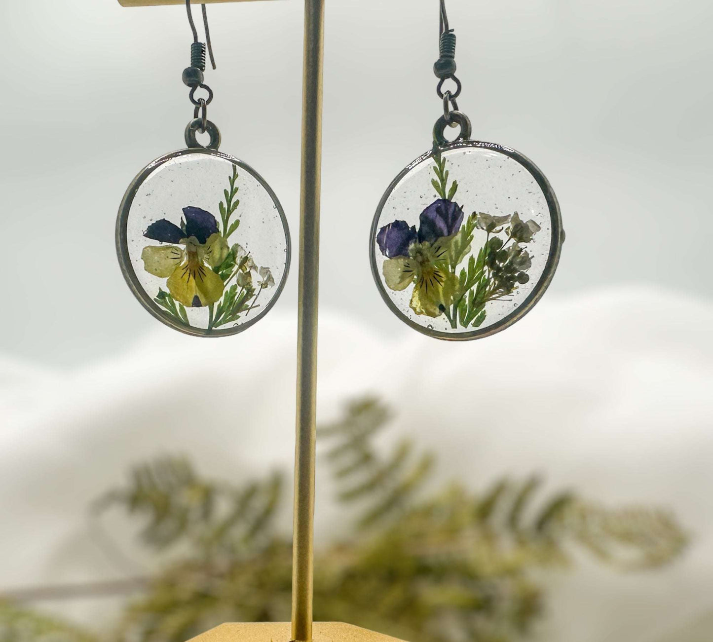 Pansy Earrings: Nature Inspired - Real Fern and Delicate Flowers 