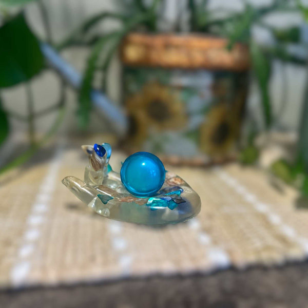 Blue Quartz Crystal Handmade Resin Sphere Hand - Seaside Harmony