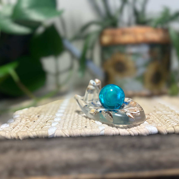 Blue Quartz Crystal Handmade Resin Sphere Hand - Seaside Harmony