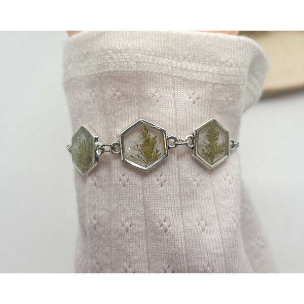 Fern Elegance: Silver Hexagon Handmade Trio Bracelet with Dried Flower