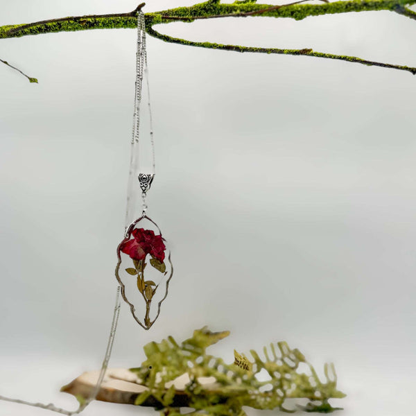 Roses are Red - Real Dried Rose Silver Leaf Necklace - Nature-Inspired
