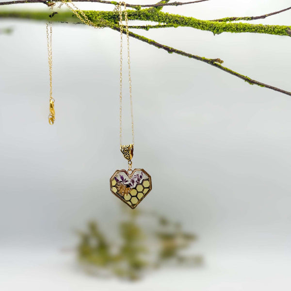 Bee Pendant - Blossom Buzz Harmony Heart - Handmade with Dried Flowers