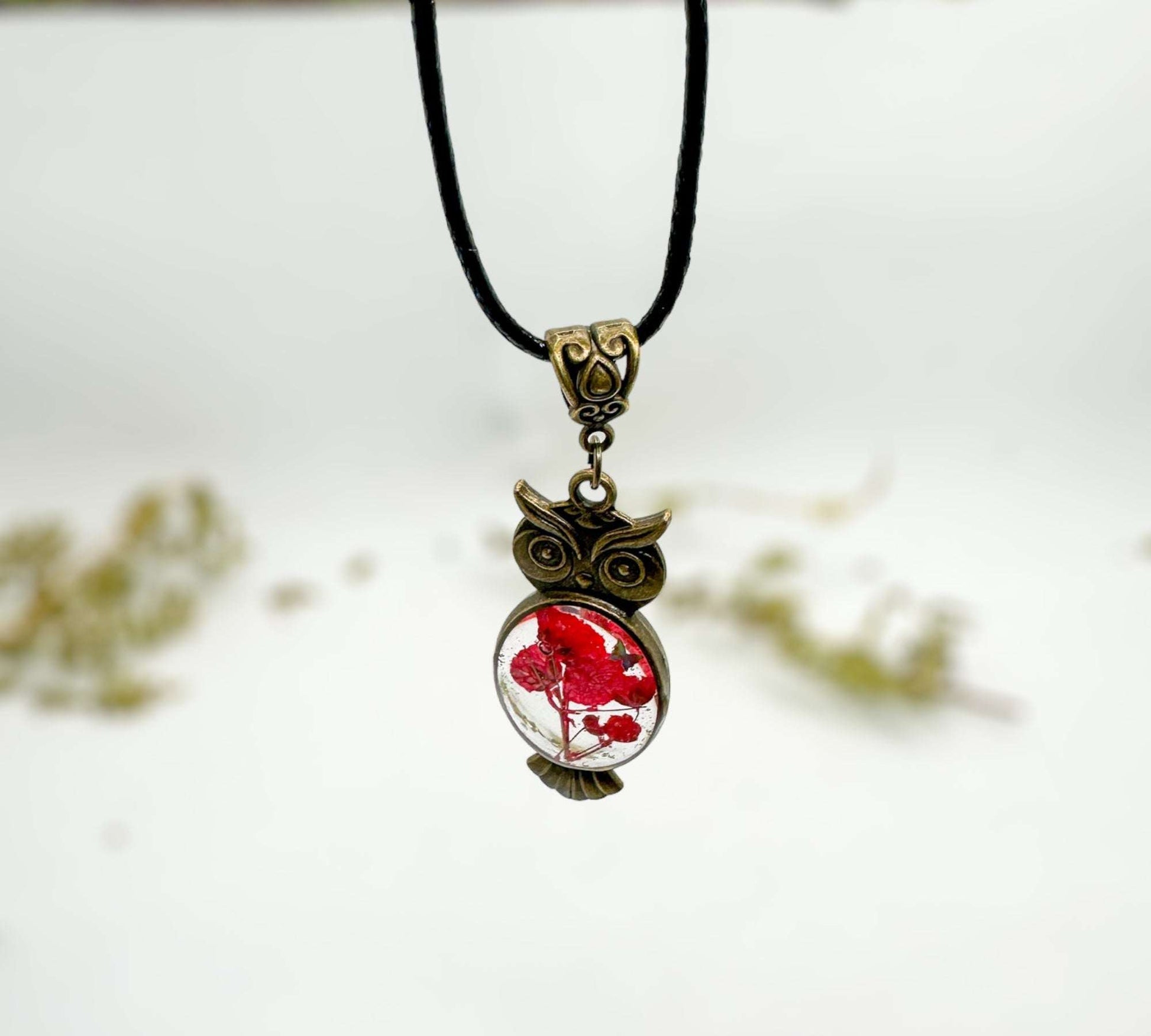 Owl Pendant - Red Blooms and Butterflies - Pressed Flower Necklace