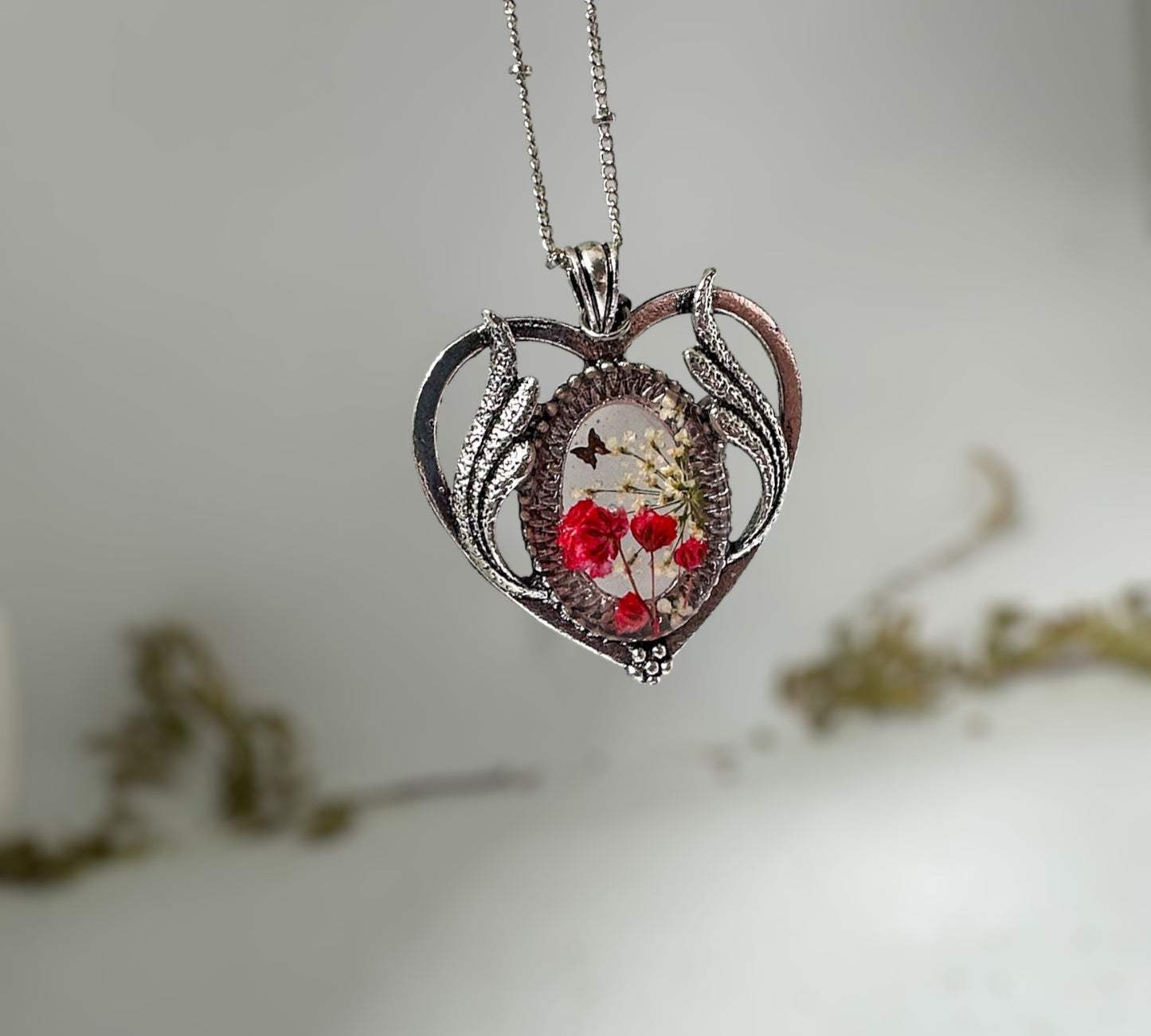 Red Heart Necklace - Dried Pressed Floral Heart Rose Necklace