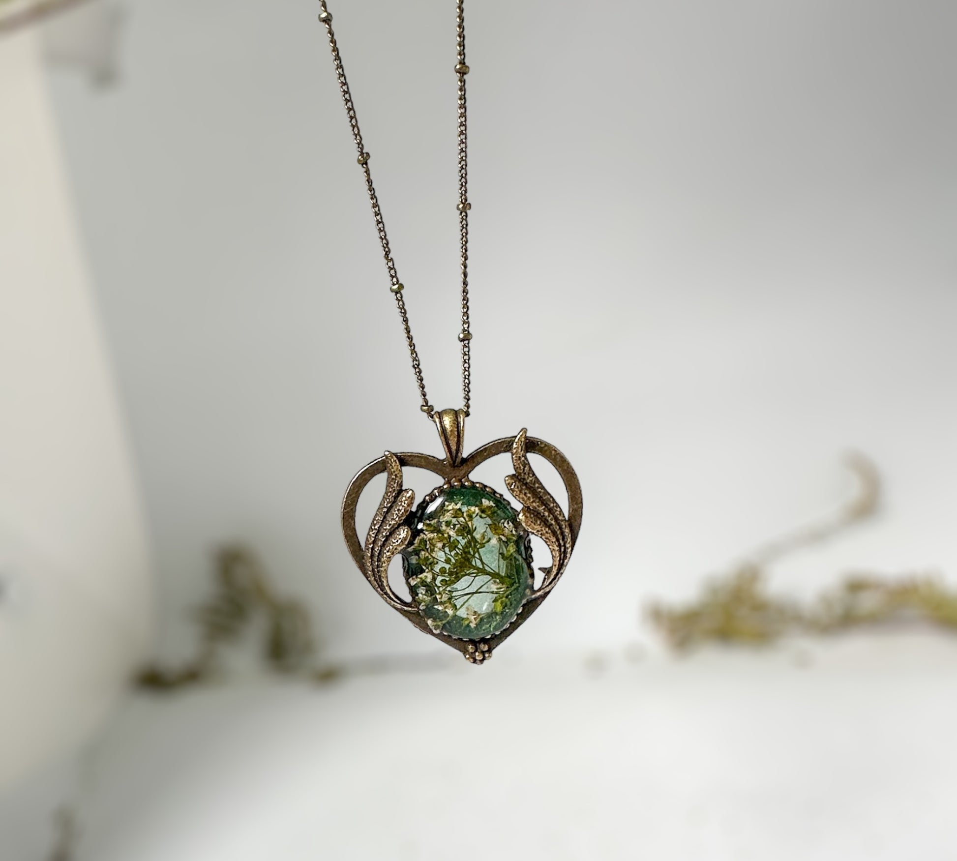 Antique Bronze Heart Necklace with Pressed Flowers -Botanical Elegance