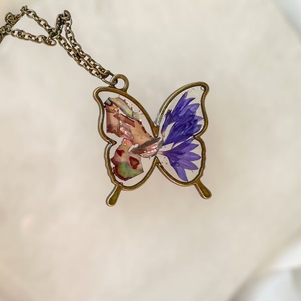 Butterfly Pendant - Dried Flowers & Petals with Mother of Pearl 