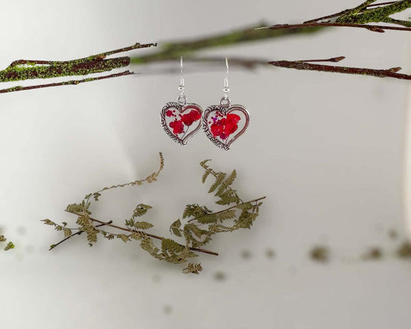 Heart Shaped Rose Red Floral Earring Set - Handmade with Dried Flowers