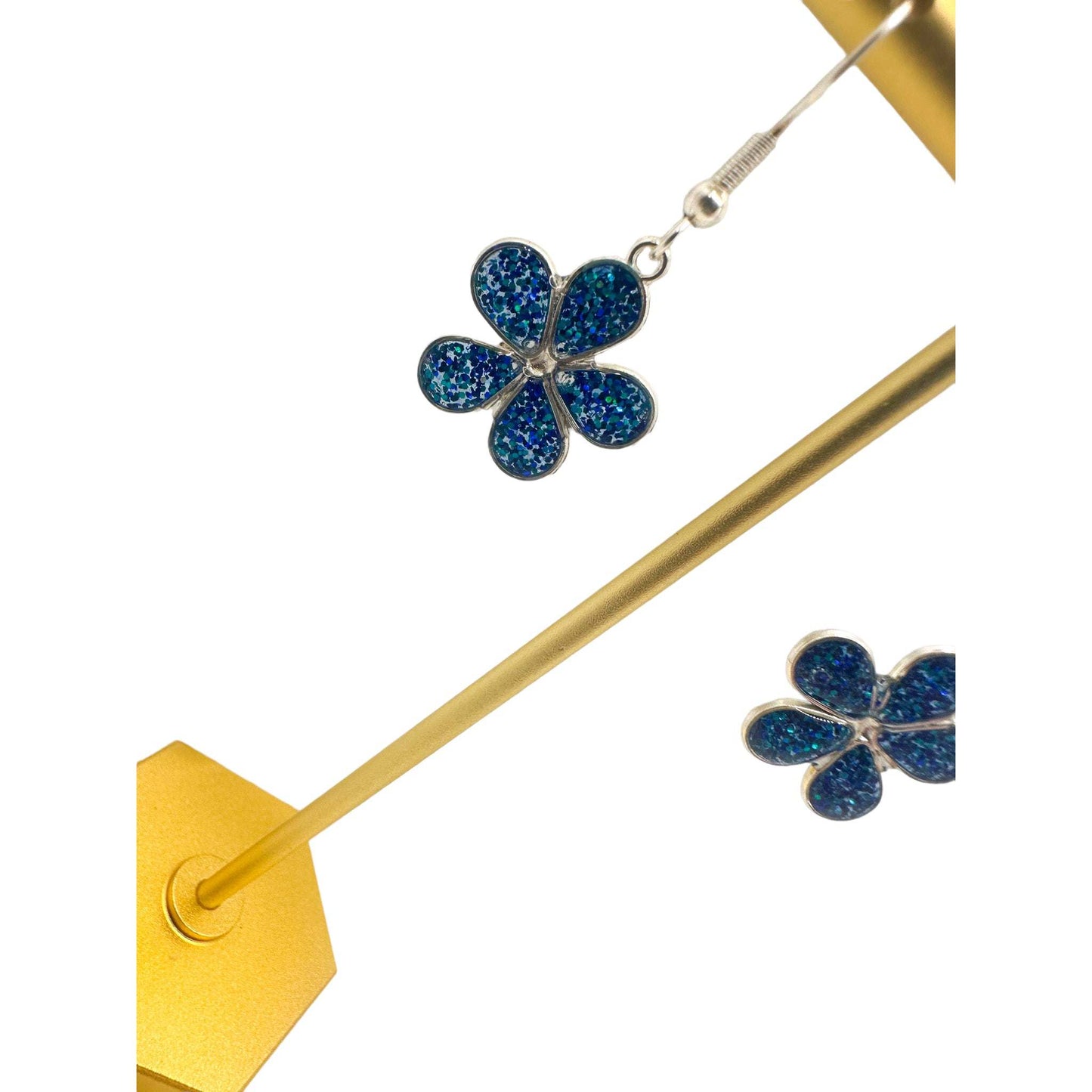 Flower Earrings - Blue Glitter & Silver Frame