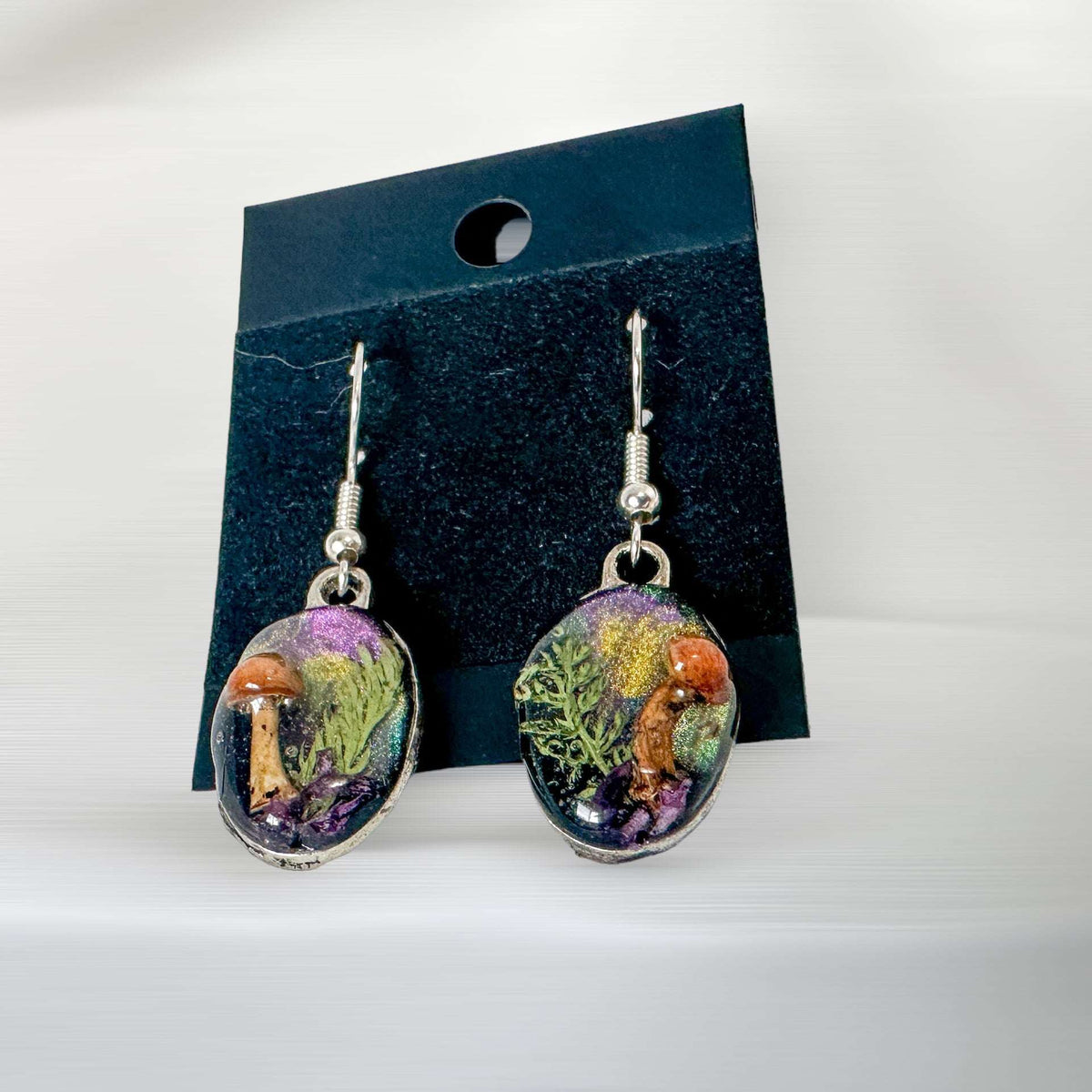 Mushroom Forest: Whimsical Drop Earring Set with Dried Botanicals