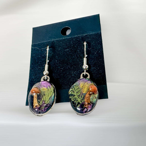 Mushroom Forest: Whimsical Drop Earring Set with Dried Botanicals