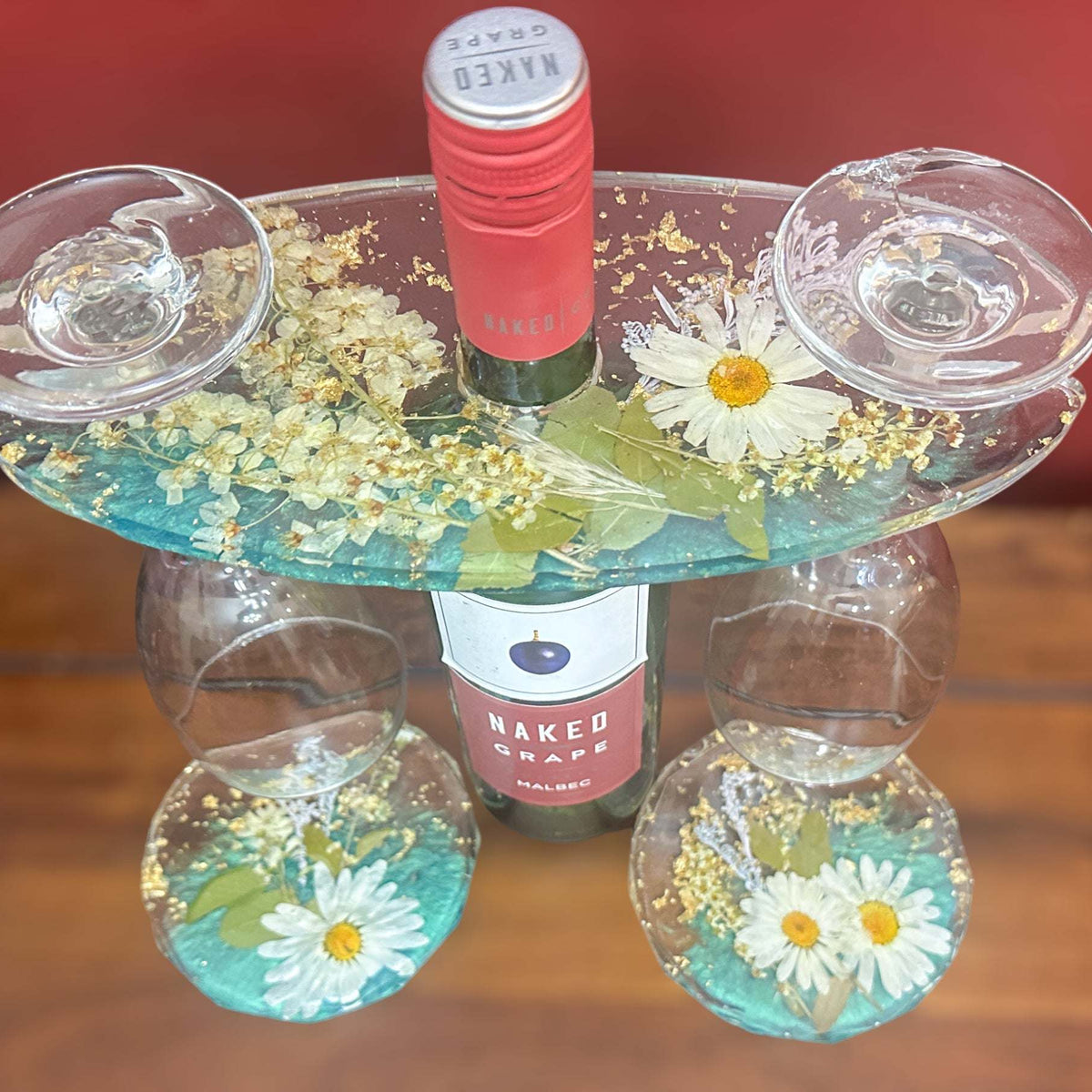 Wine Glass Caddy with 2 Coasters Resin Butler Coaster Set
