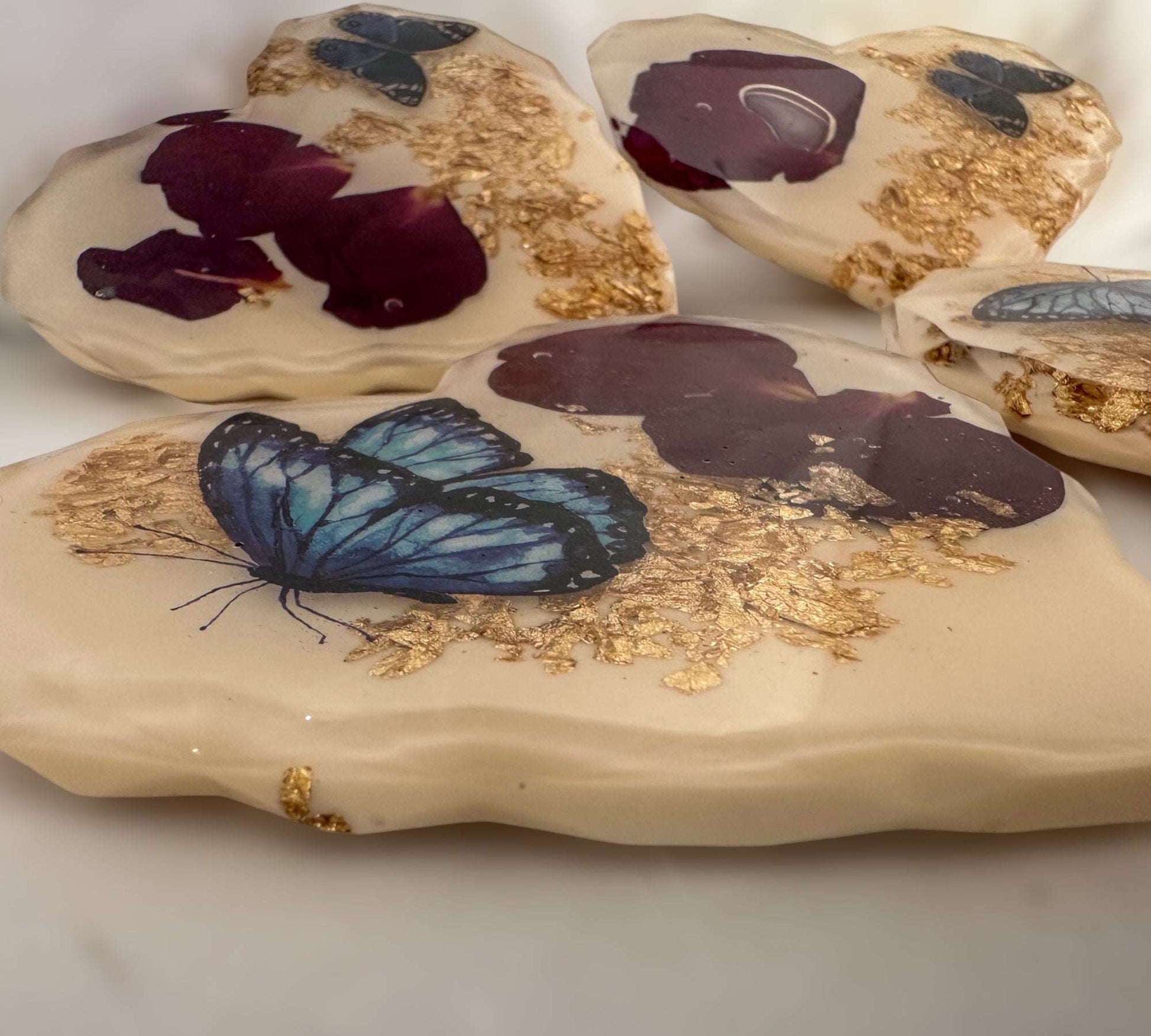 Heart Shaped Enchanted Blooms: Handmade Rose Petal & Butterfly Coaster
