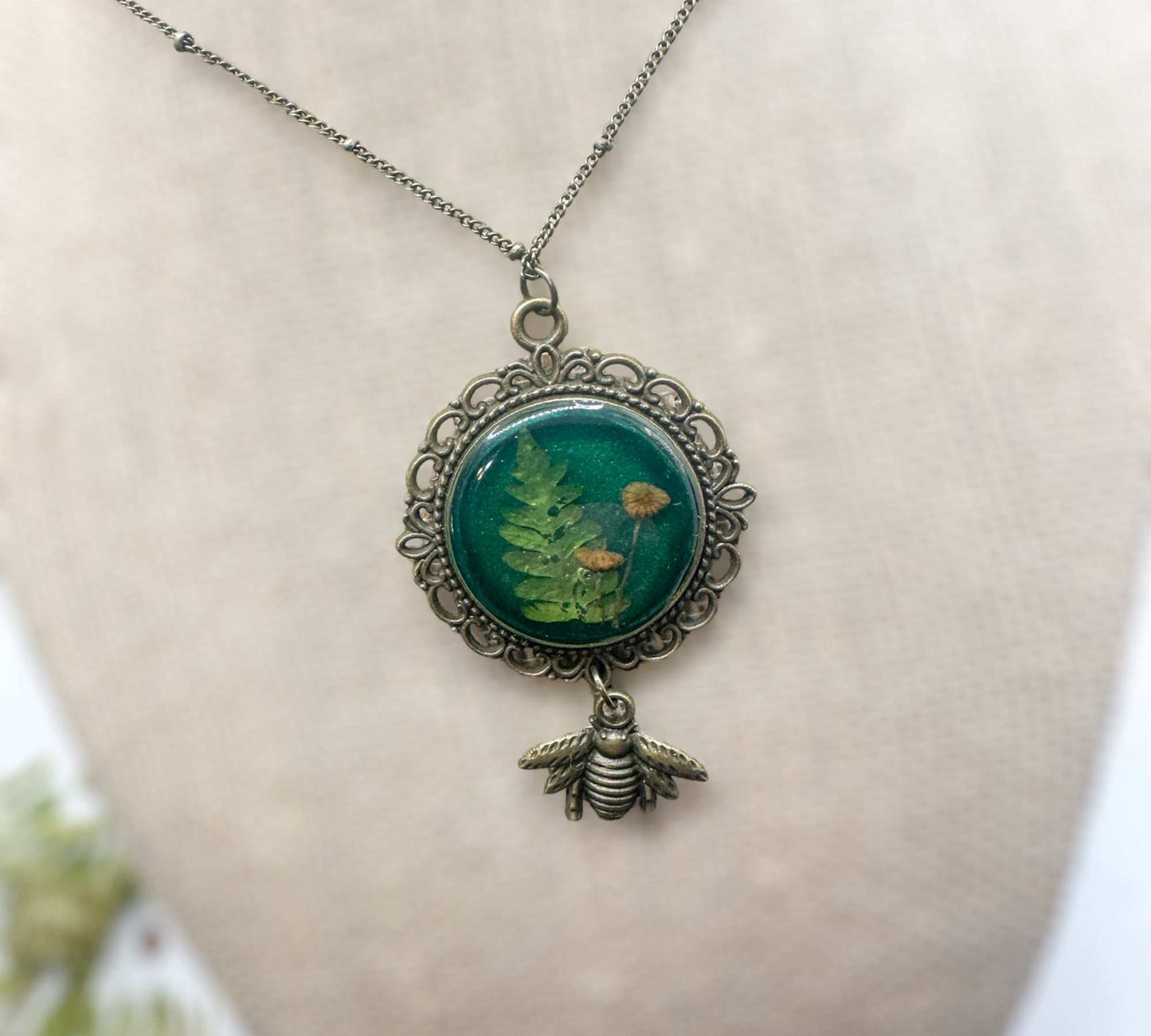Mushroom Pendant - Magical Green Forest with Copper Bee