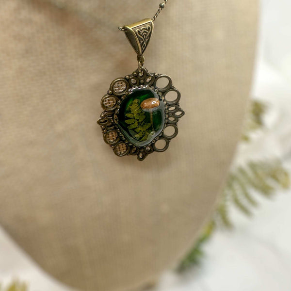 Mushroom Pendant - Magical Green Forest Antique Copper Frame