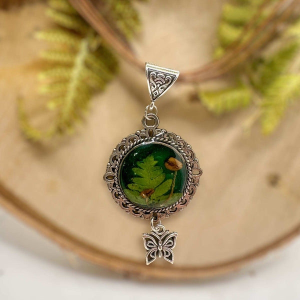 Mushroom Pendant - Magical Green Forest with Silver Butterfly