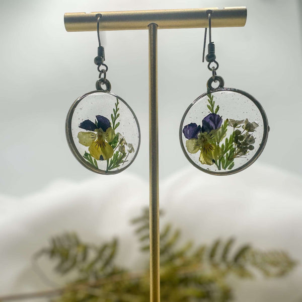 Pansy Earrings: Nature Inspired - Real Fern and Delicate Flowers 