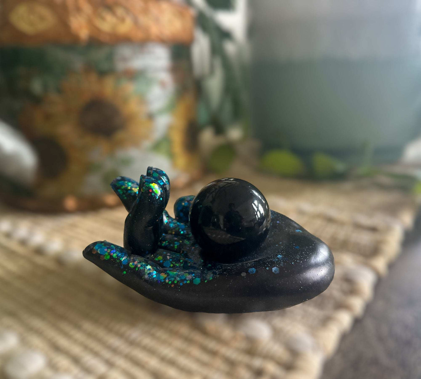 Obsidian Sphere & Resin Hand Sphere Holder - Enchanting Protection
