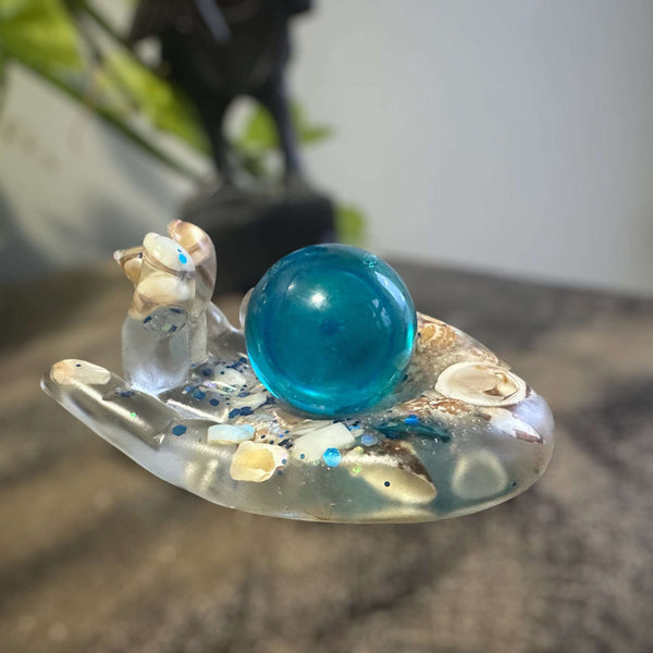 Blue Quartz Crystal Handmade Resin Sphere Hand - Seaside Harmony
