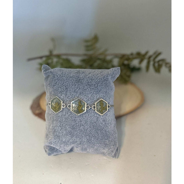 Fern Elegance: Silver Hexagon Handmade Trio Bracelet with Dried Flower