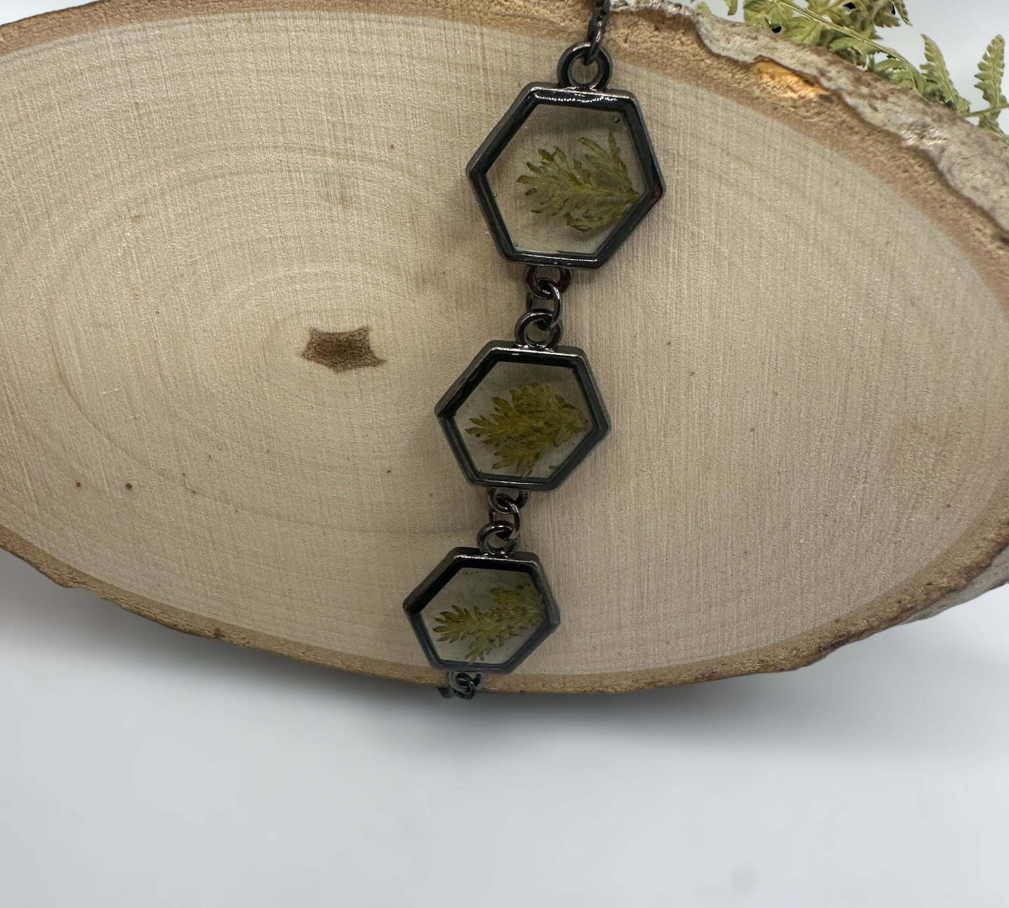 Black Forest: Black Hexagon Handmade Trio Bracelet with Botanicals