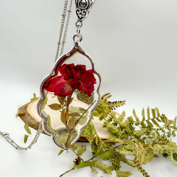 Roses are Red - Real Dried Rose Silver Leaf Necklace - Nature-Inspired