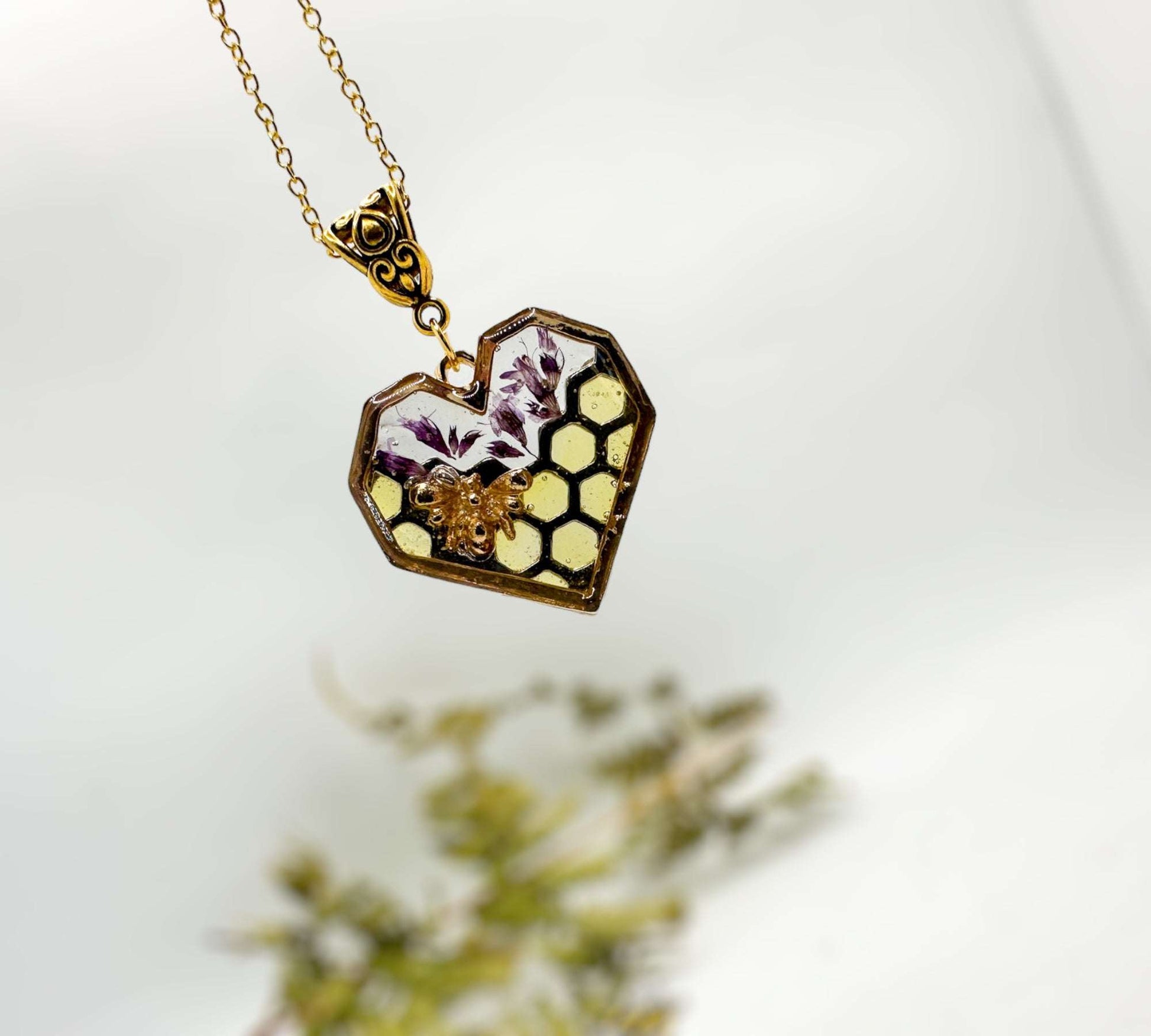 Bee Pendant - Blossom Buzz Harmony Heart - Handmade with Dried Flowers