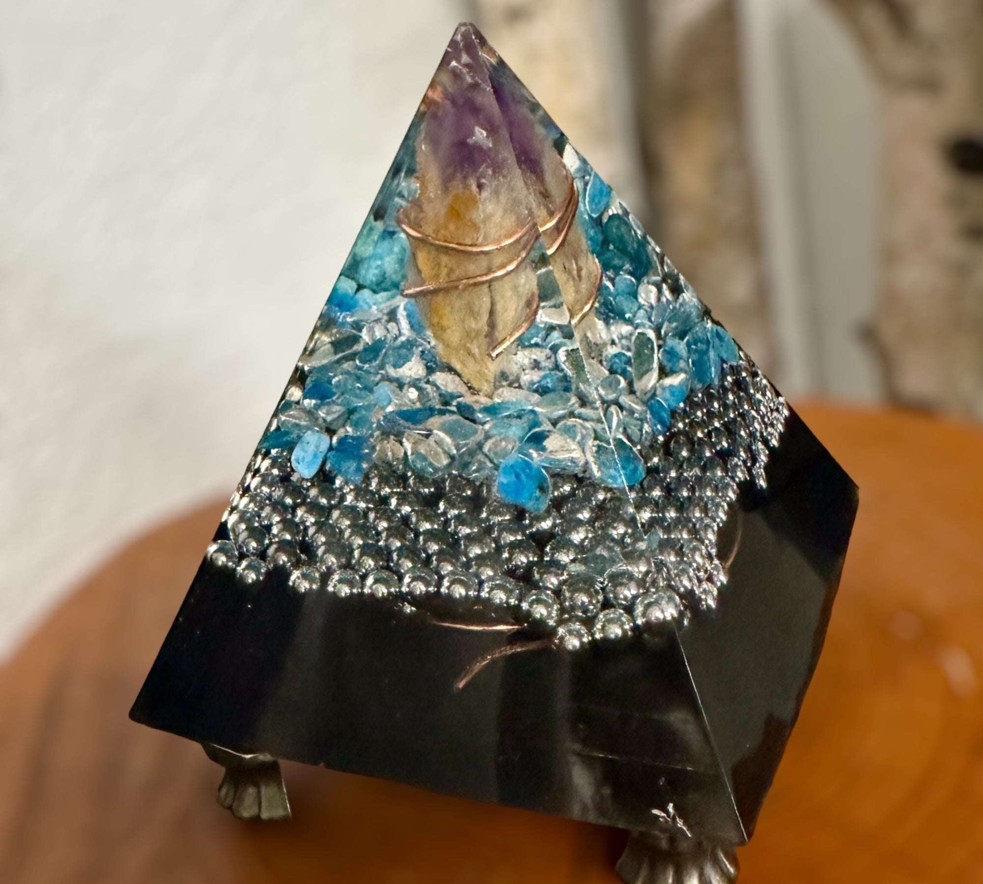 Amethyst Orgonite Pyramid with Blue Apatite Gemstones