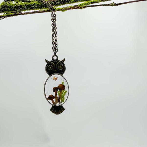 Enchanting Owl Mushroom Forest Pendant - Dried Ferns and Mushrooms