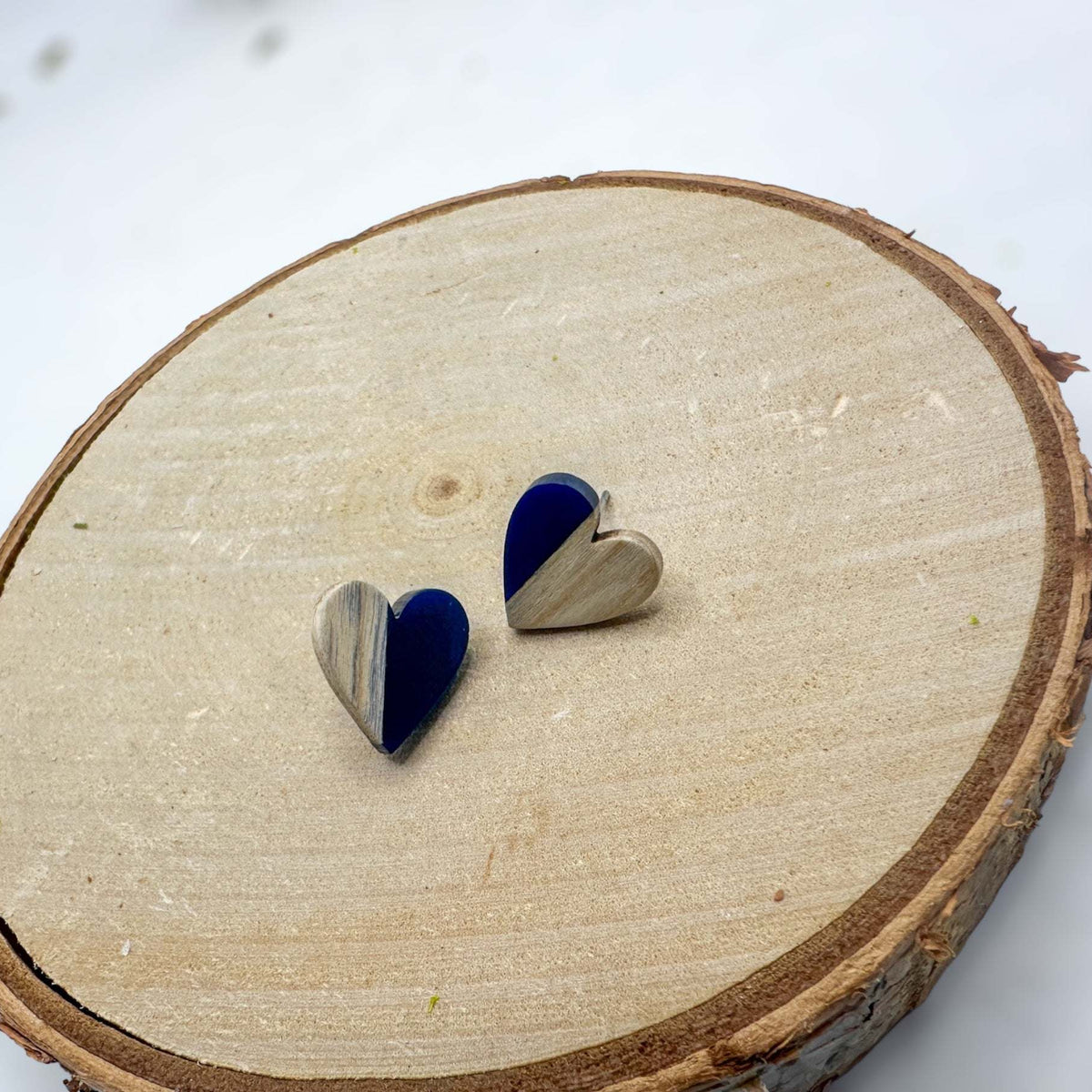 Heartfelt Boho Bliss: Whimsical Wood and Dark Blue Resin Heart Earring