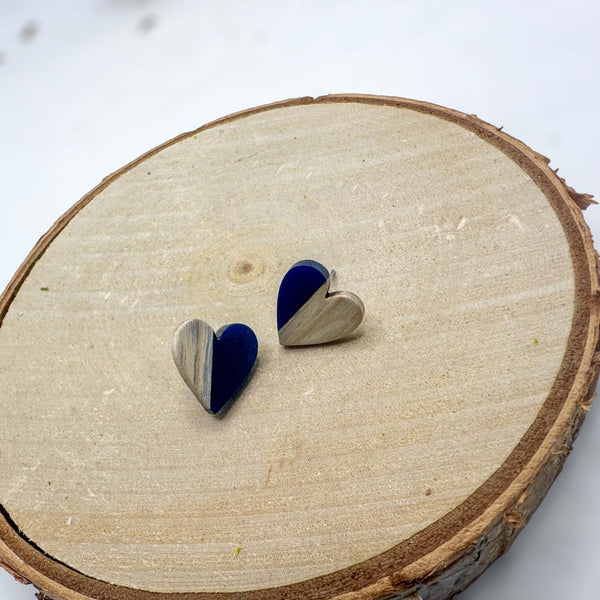 Heartfelt Boho Bliss: Whimsical Wood and Dark Blue Resin Heart Earring