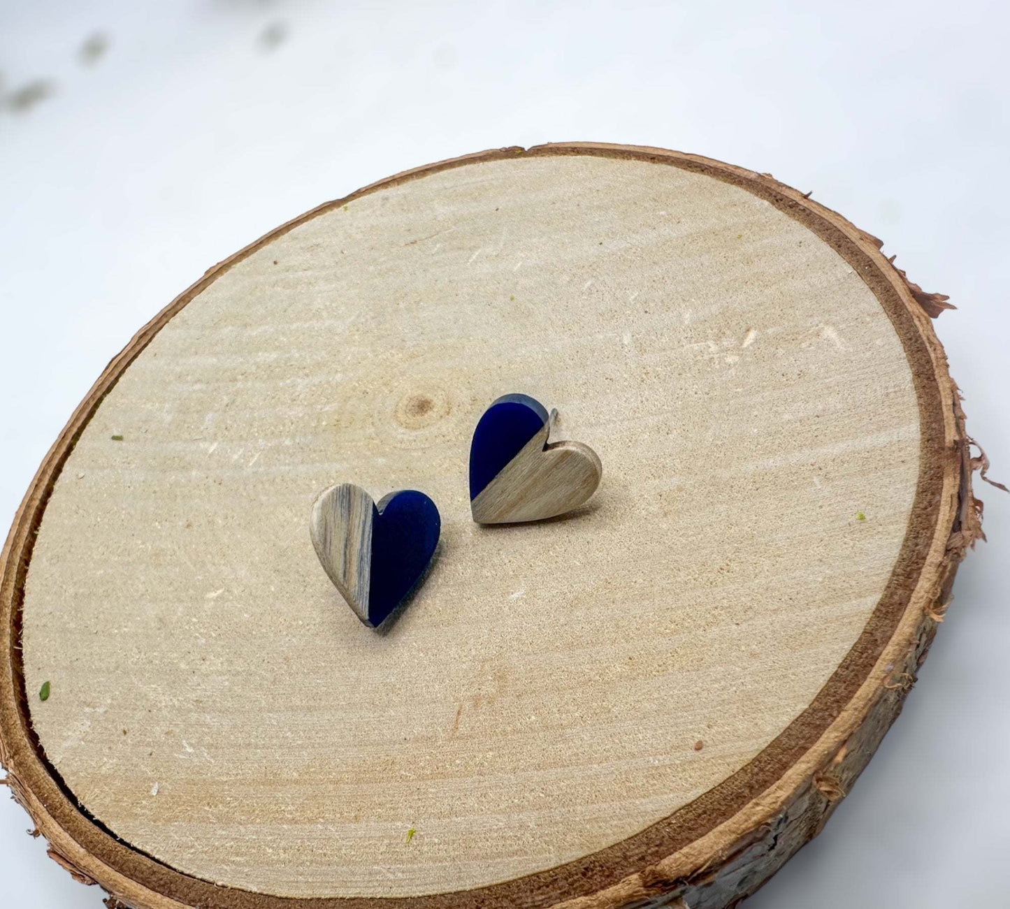 Heartfelt Boho Bliss: Whimsical Wood and Dark Blue Resin Heart Earring