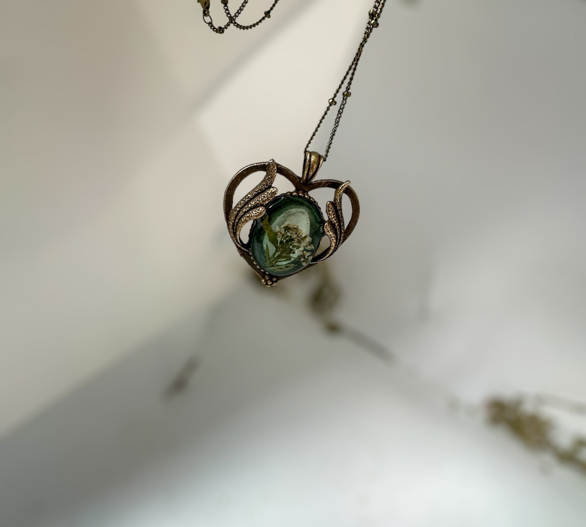 Antique Bronze Heart Necklace with Pressed Flowers -Botanical Elegance