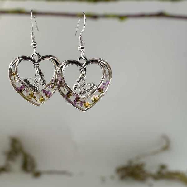Silver Heart Earrings - Pressed Flowers Purple & Red Floral Design