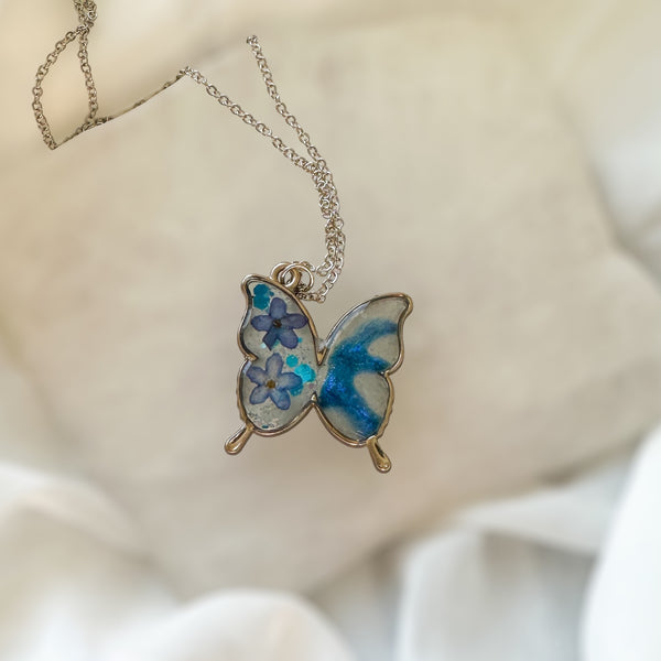 Butterfly Pendant - Dried Flowers & Petals with Mother of Pearl 