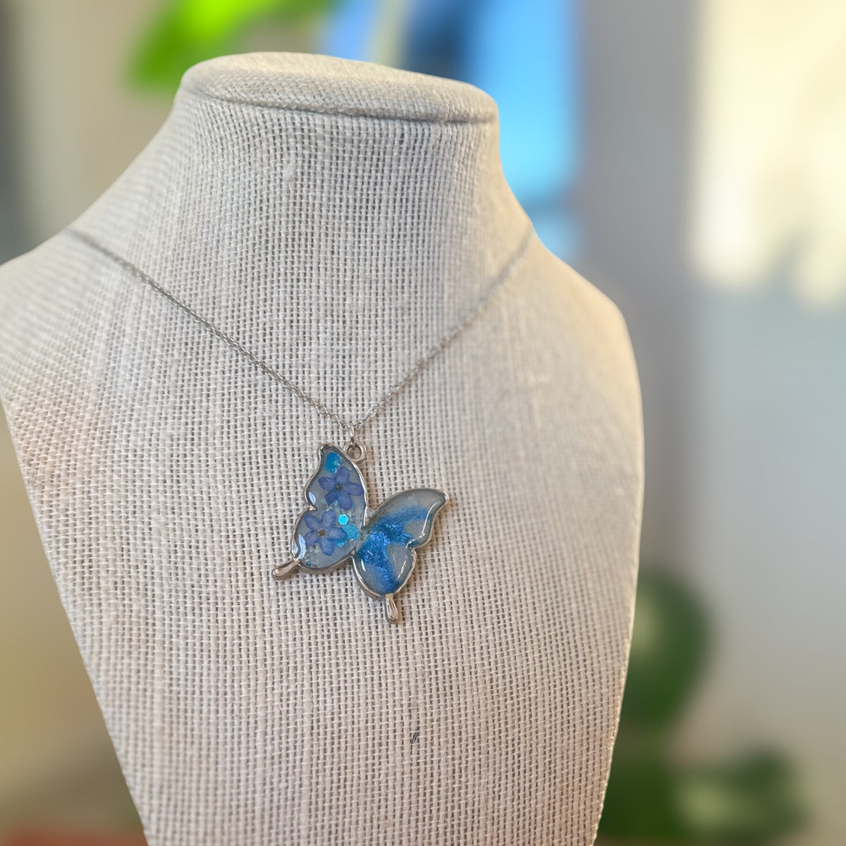 Butterfly Pendant - Dried Flowers & Petals with Mother of Pearl 